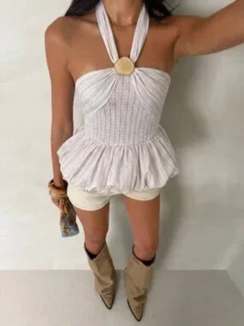 Multicolor Striped Halter Women's Backless Sleeveless Top with Metal Buckle